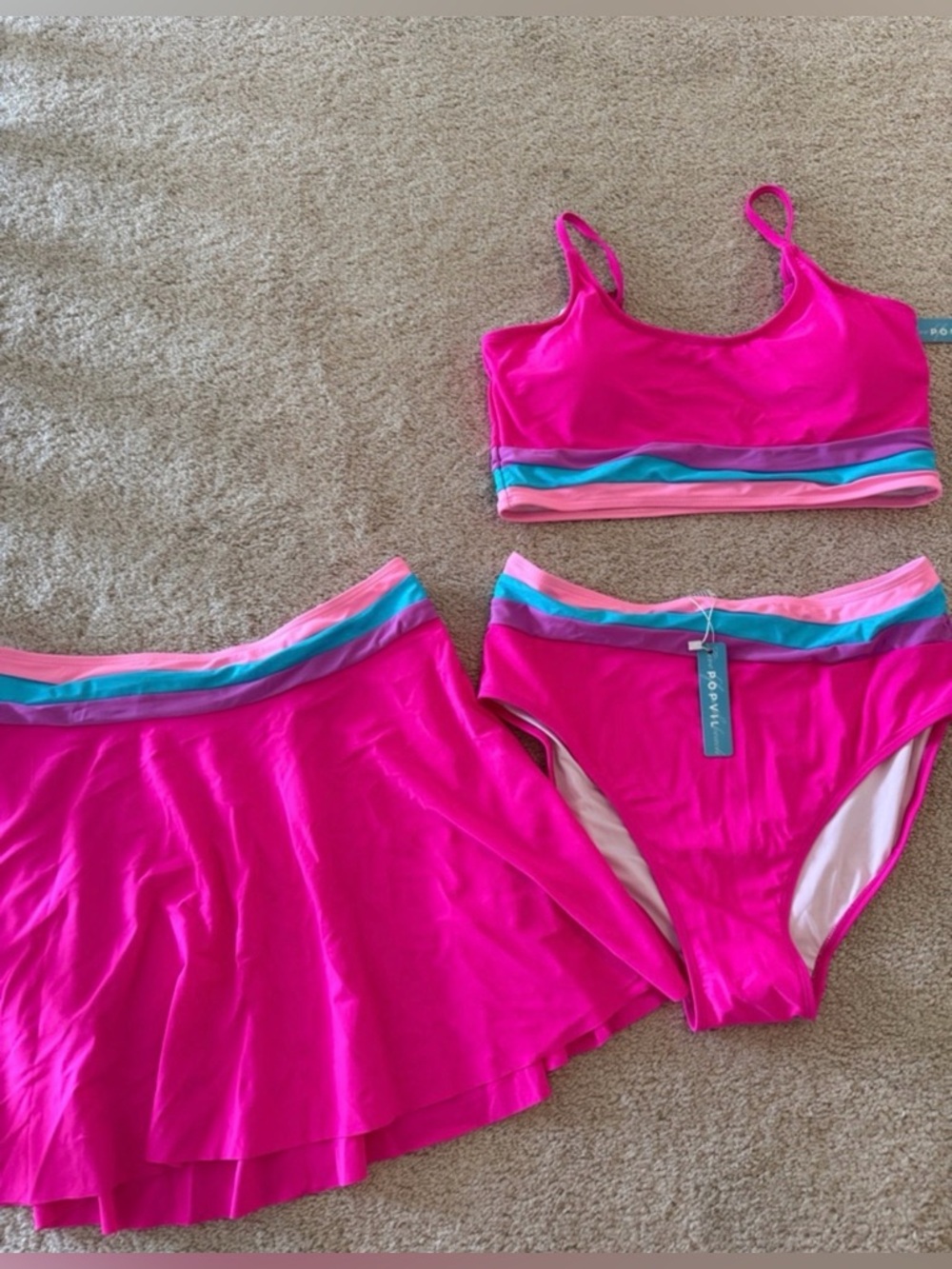 POPVIL hot pink 3 piece swim with color block trim